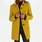 Women's longline coat with high collar, button front and patch pockets