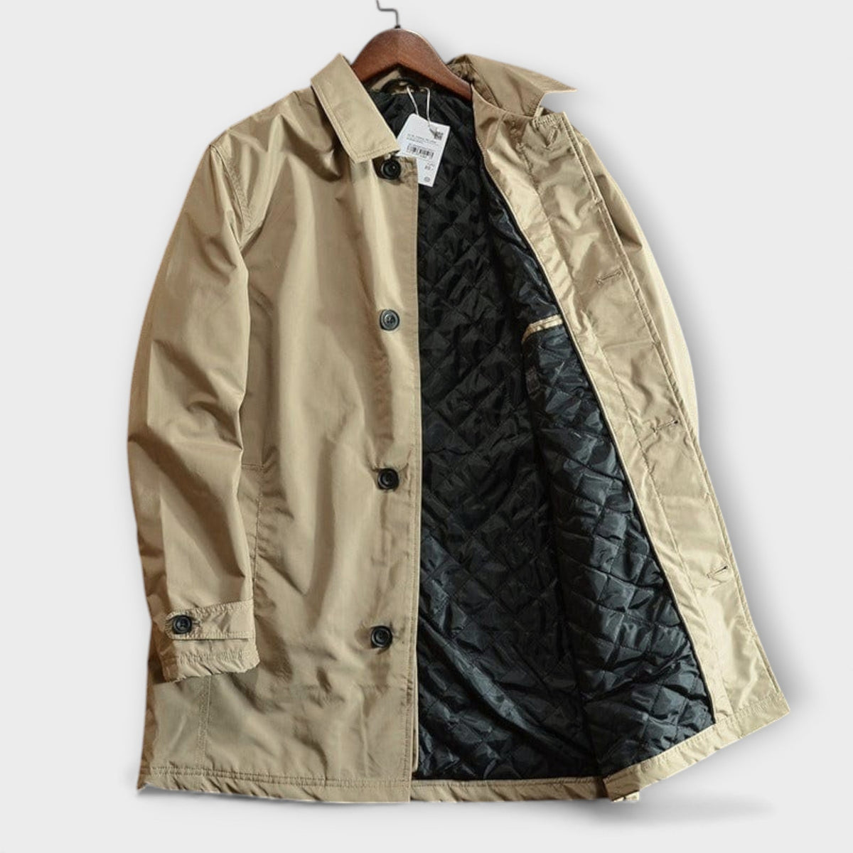 Men's collared waterproof trench coat with button fastening