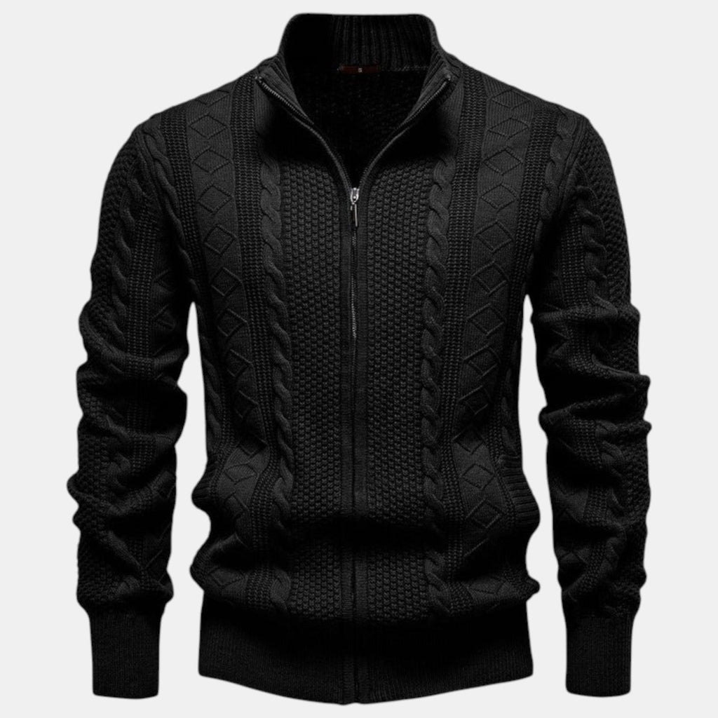 Men's cable-knit full-zip jumper with mock neck and ribbed trims