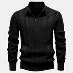 Men's cable-knit full-zip jumper with mock neck and ribbed trims