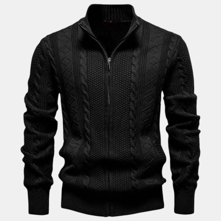 Men's cable-knit full-zip jumper with mock neck and ribbed trims