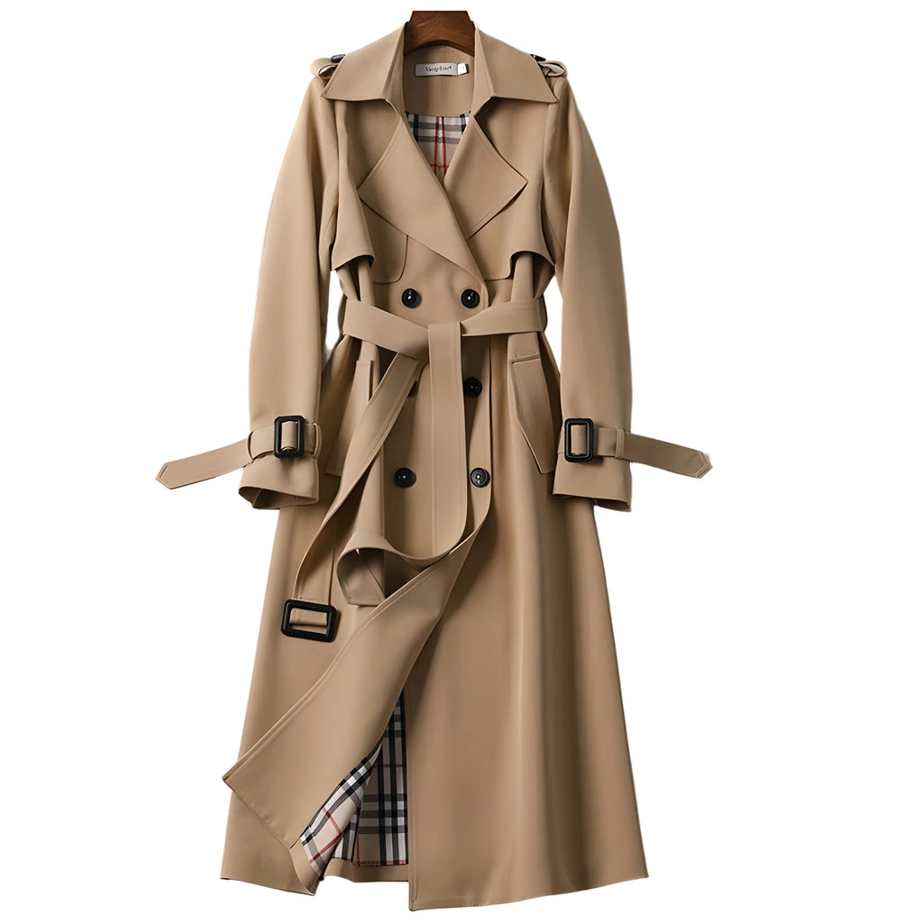 Women's long belted double-breasted trench coat with notched lapels and buckle cuffs