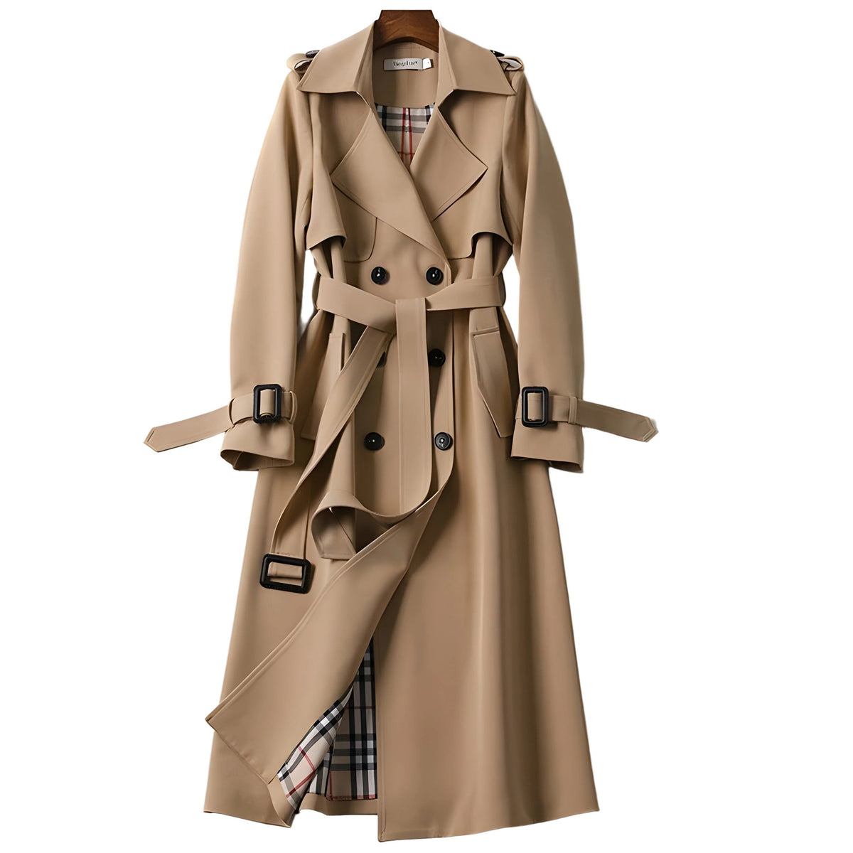 Women's long belted double-breasted trench coat with notched lapels and buckle cuffs