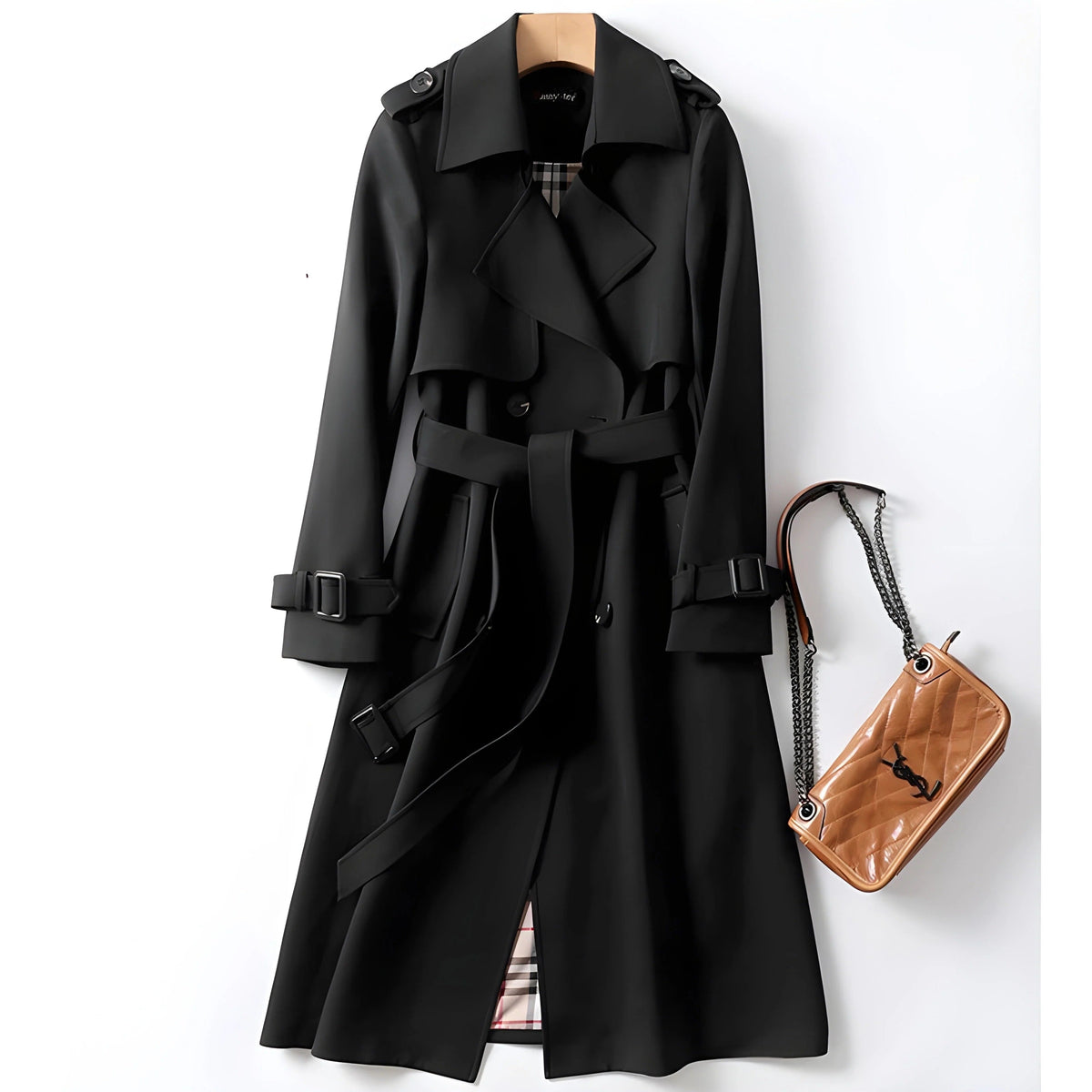 Women's long belted double-breasted trench coat with notched lapels and buckle cuffs