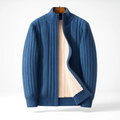 Men's ribbed zip-up cardigan with high stand collar and long sleeves