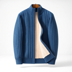Men's ribbed zip-up cardigan with high stand collar and long sleeves