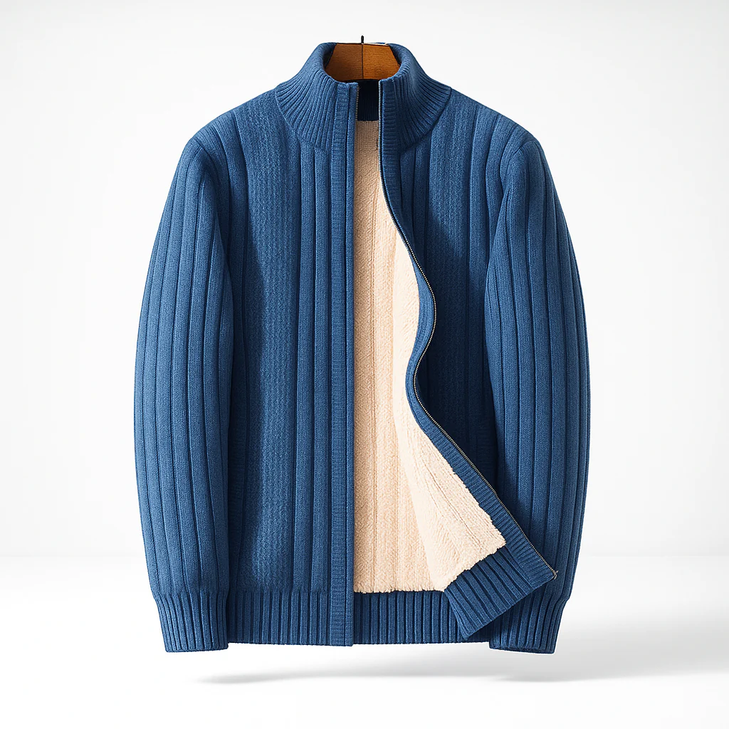 Men's ribbed zip-up cardigan with high stand collar and long sleeves