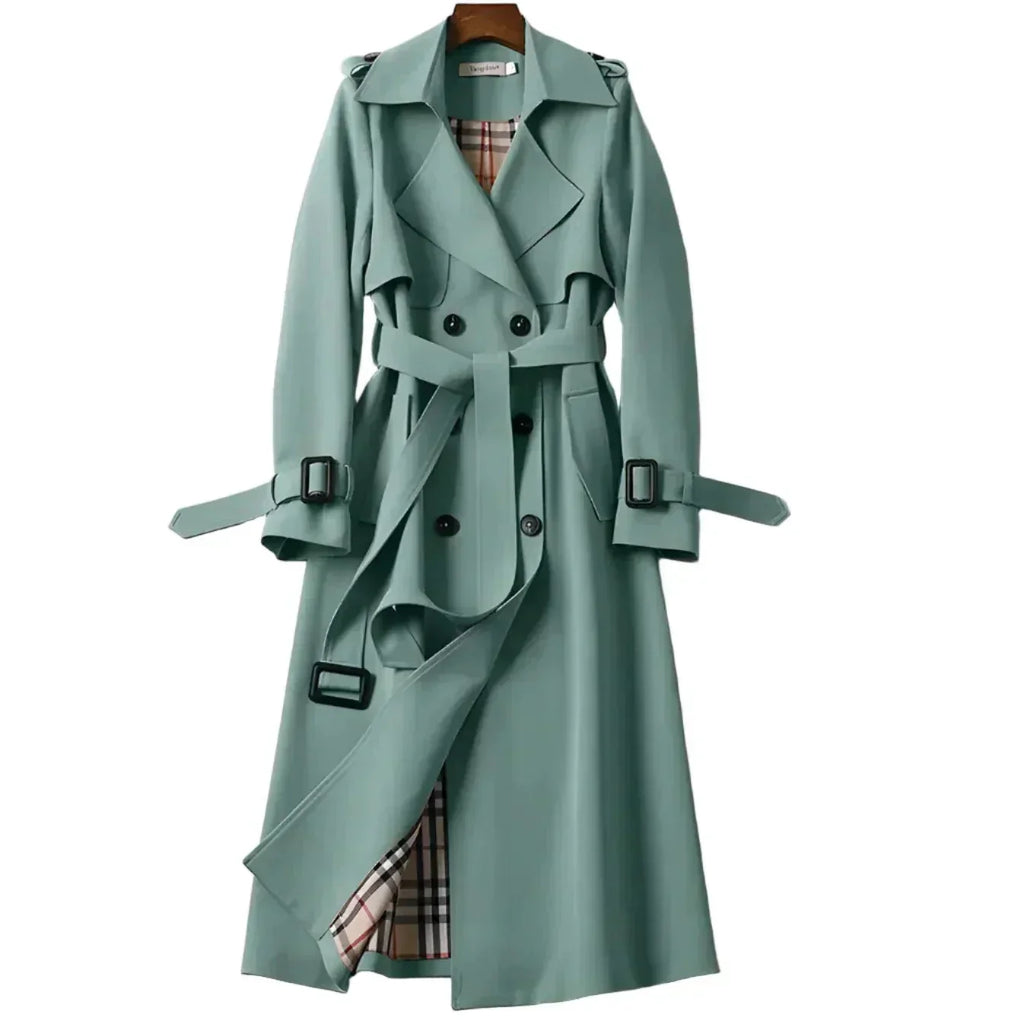 Women's long belted double-breasted trench coat with notched lapels and buckle cuffs