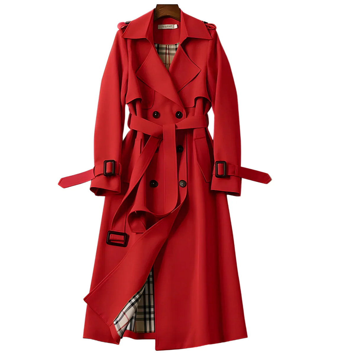 Women's long belted double-breasted trench coat with notched lapels and buckle cuffs