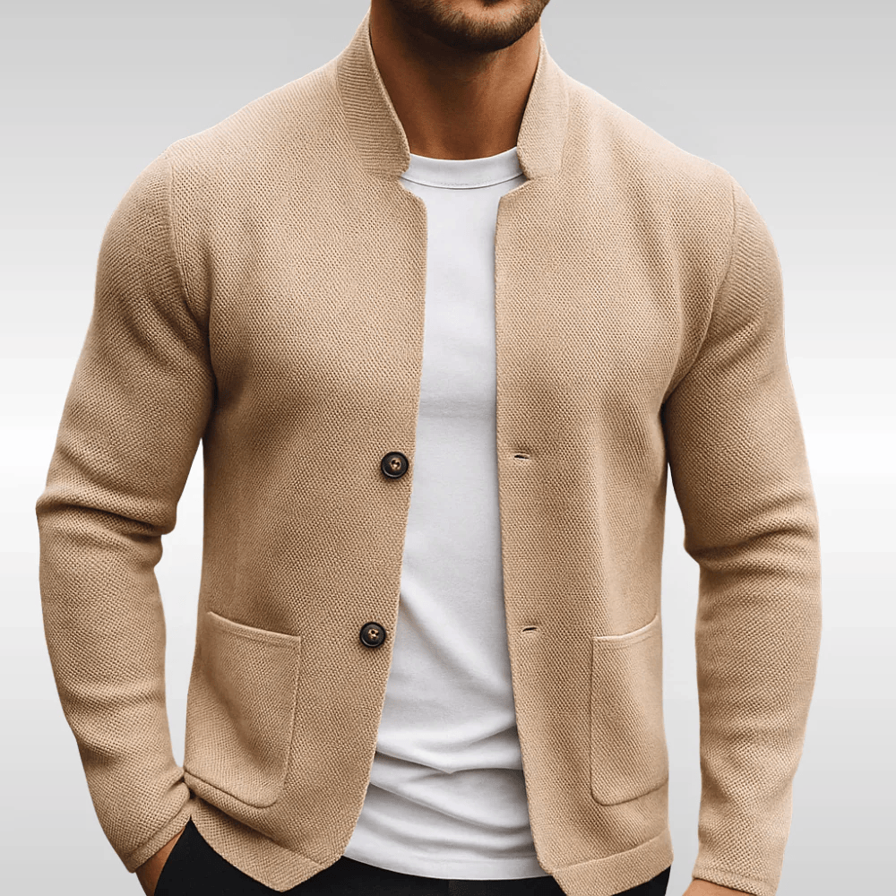 Men's textured knit cardigan with mock collar, buttons and patch pockets