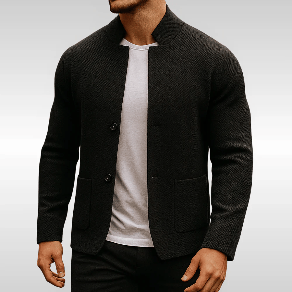 Men's textured knit cardigan with mock collar, buttons and patch pockets