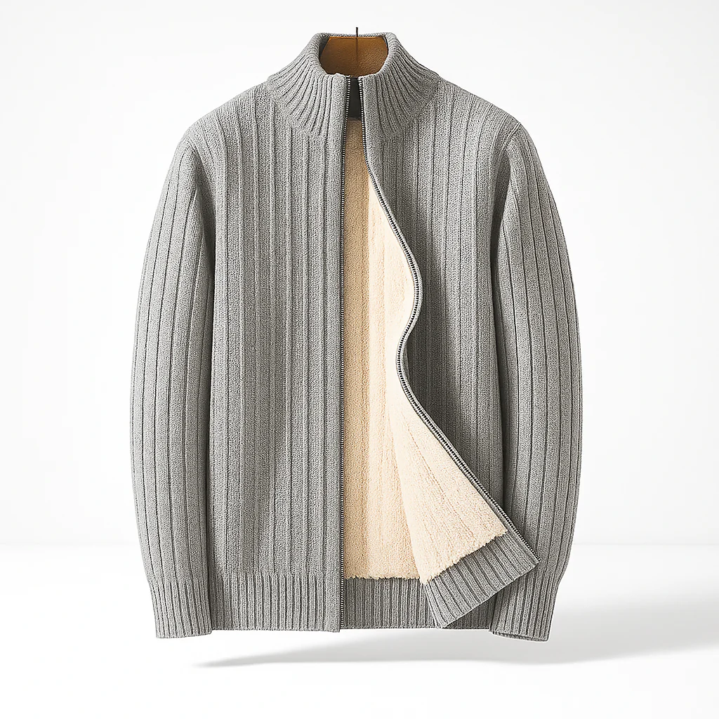 Men's ribbed zip-up cardigan with high stand collar and long sleeves