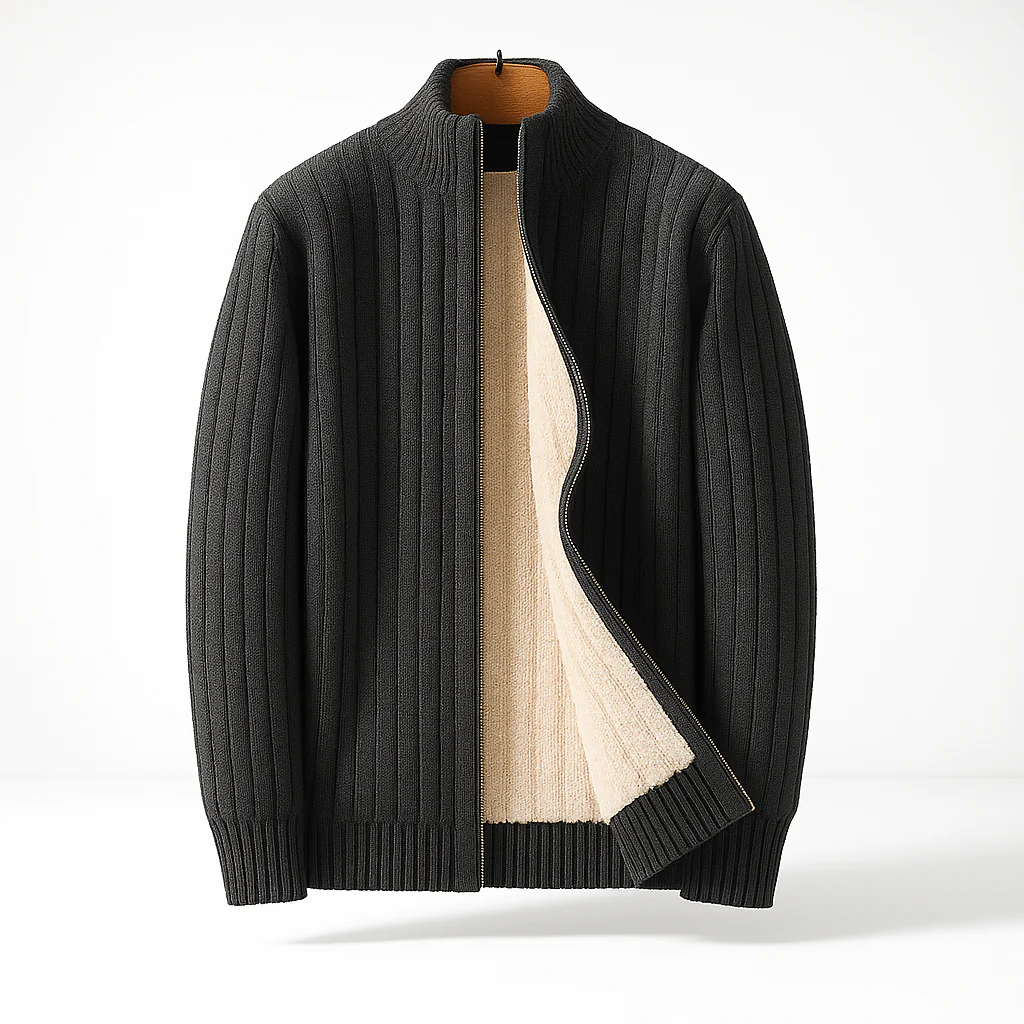 Men's ribbed zip-up cardigan with high stand collar and long sleeves