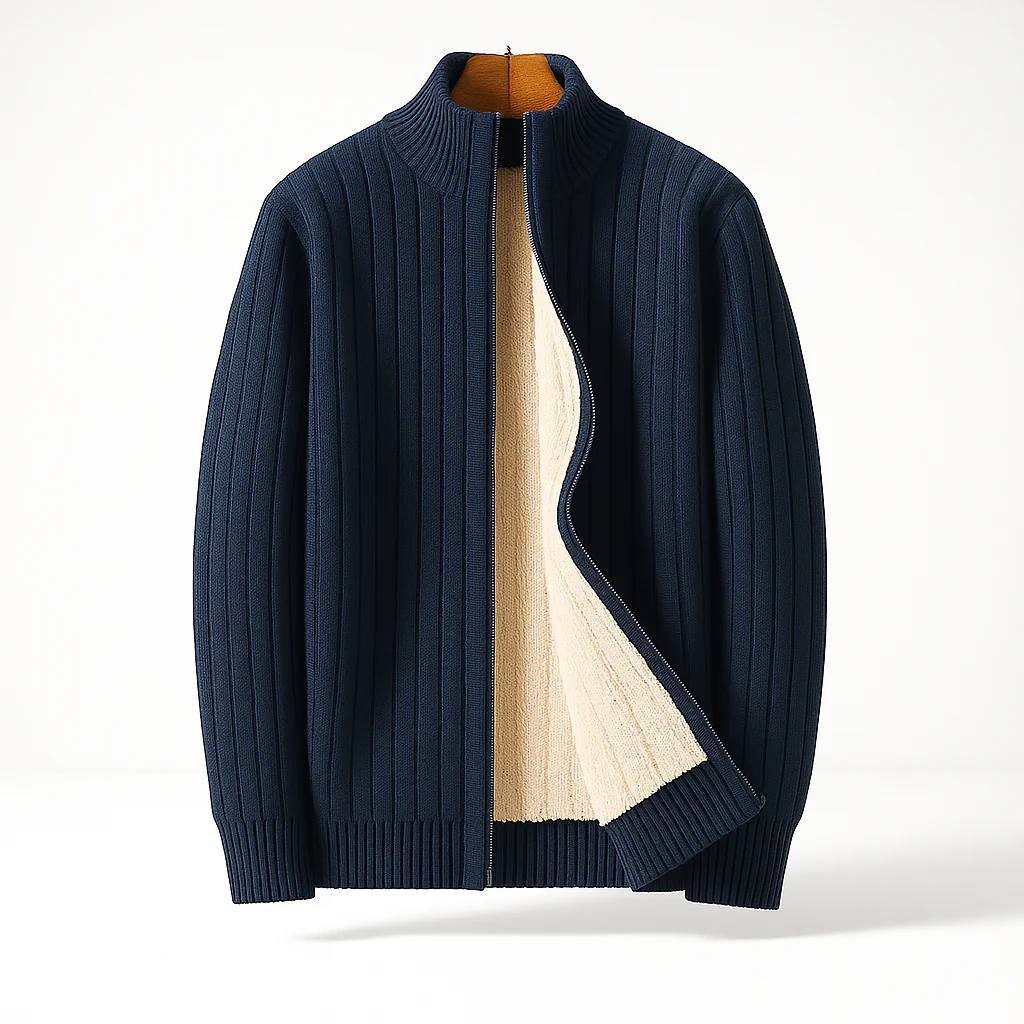 Men's ribbed zip-up cardigan with high stand collar and long sleeves