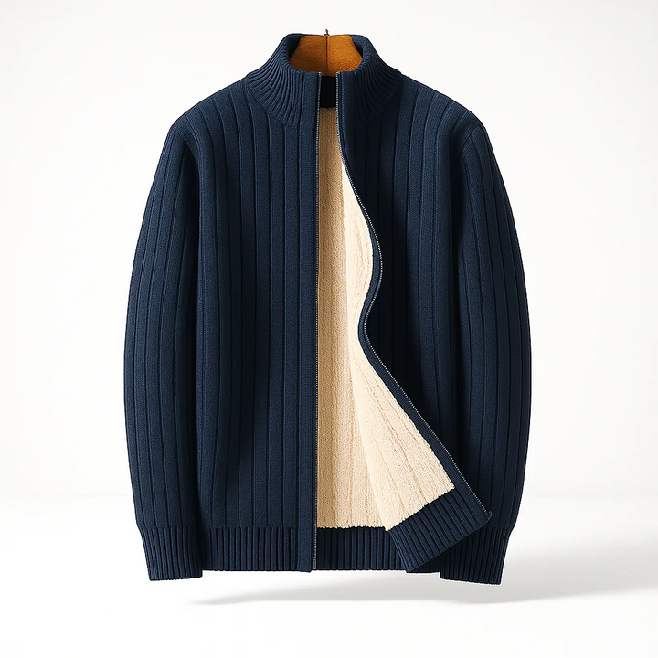 Men's ribbed zip-up cardigan with high stand collar and long sleeves