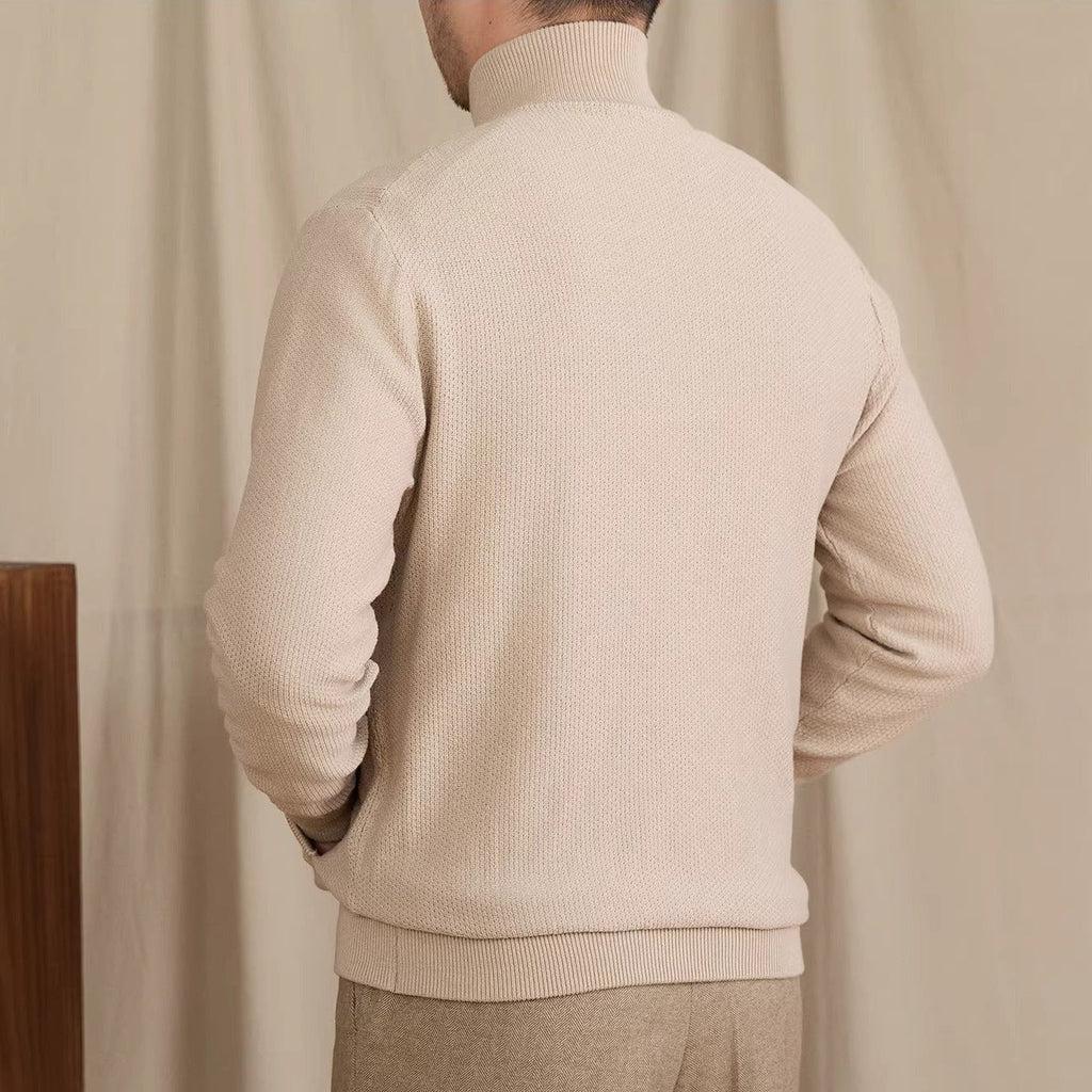 Men's knitted zip cardigan with stand collar, long sleeves and front pockets