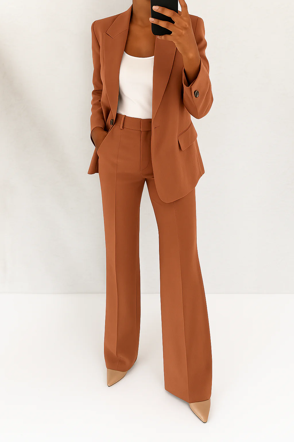 Women's two-piece trouser suit set with tailored blazer and wide-leg trousers