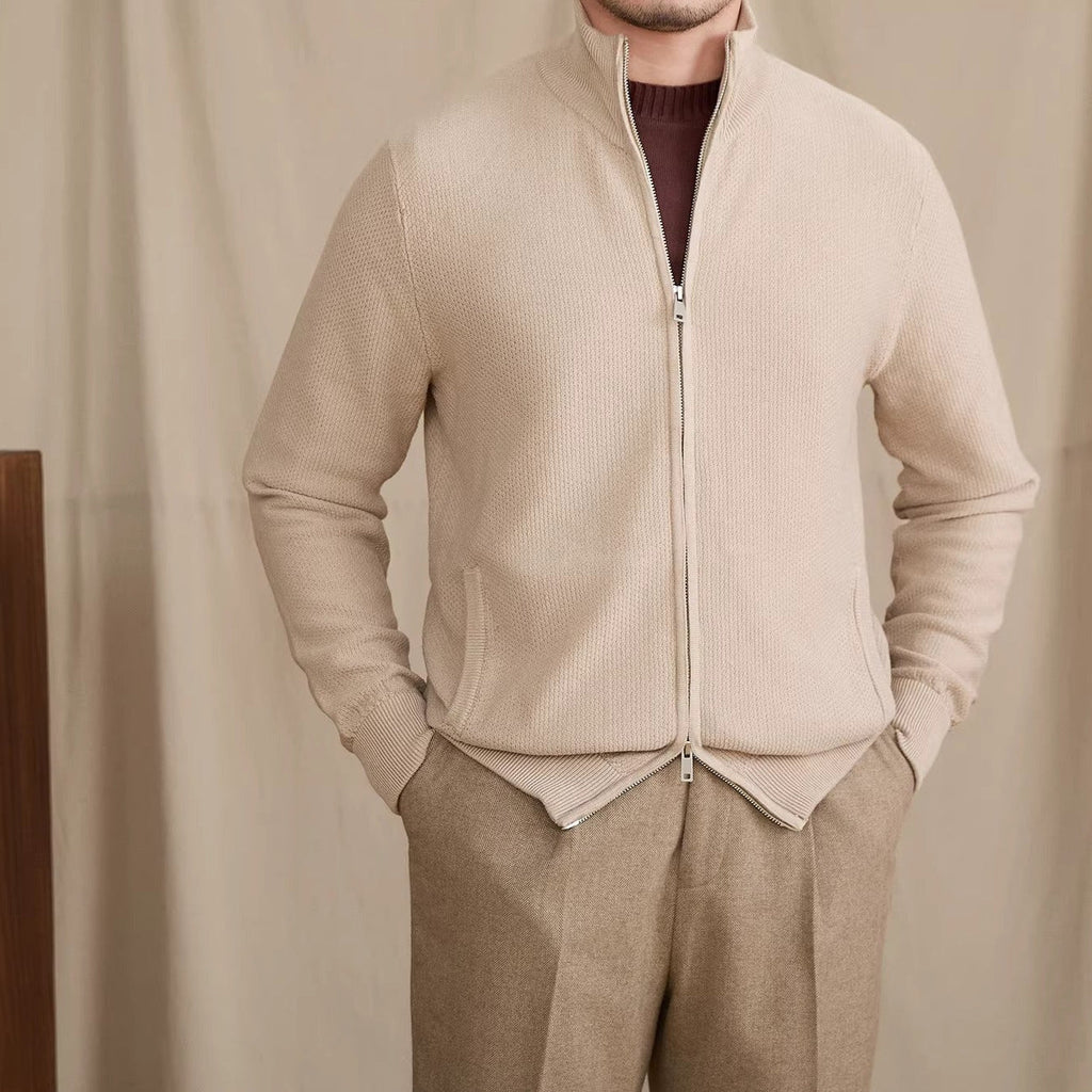 Men's knitted zip cardigan with stand collar, long sleeves and front pockets