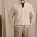 Men's knitted zip cardigan with stand collar, long sleeves and front pockets