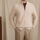Men's knitted zip cardigan with stand collar, long sleeves and front pockets
