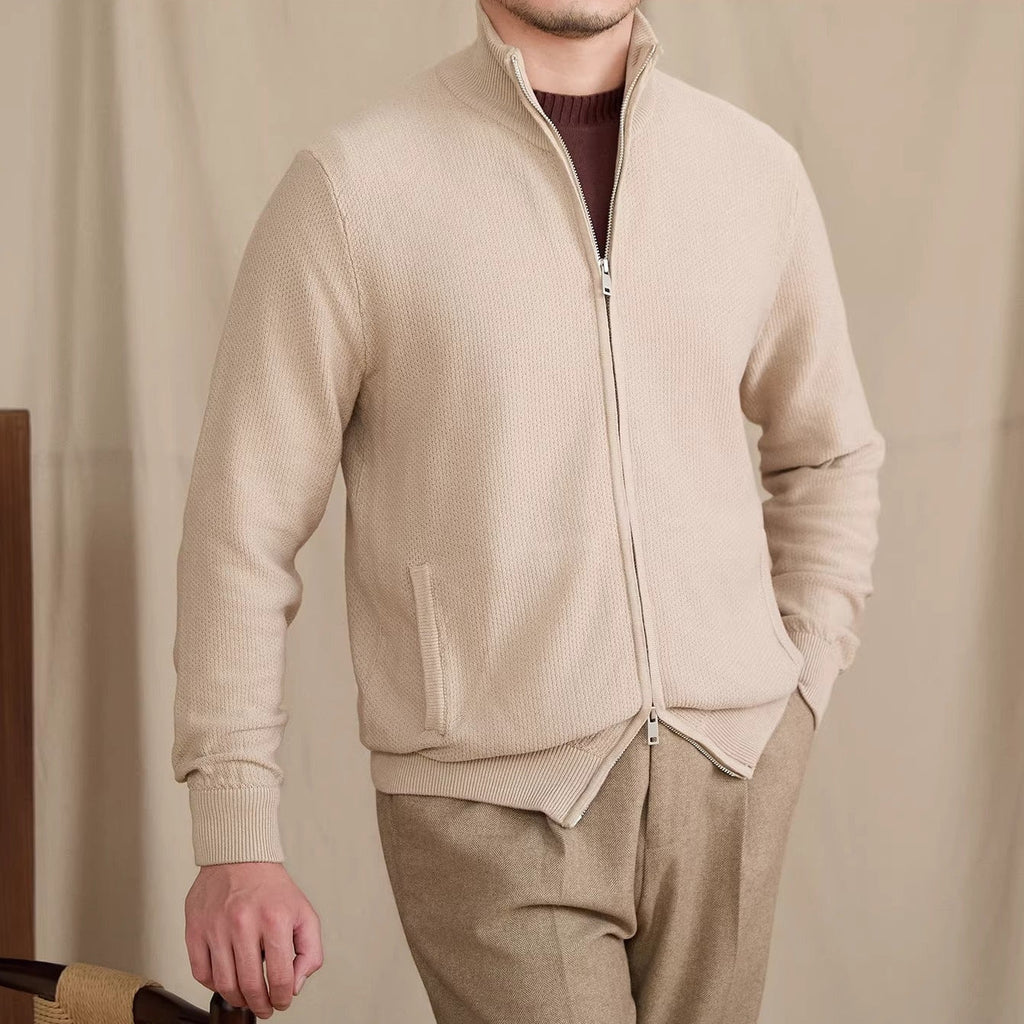 Men's knitted zip cardigan with stand collar, long sleeves and front pockets