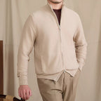 Men's knitted zip cardigan with stand collar, long sleeves and front pockets