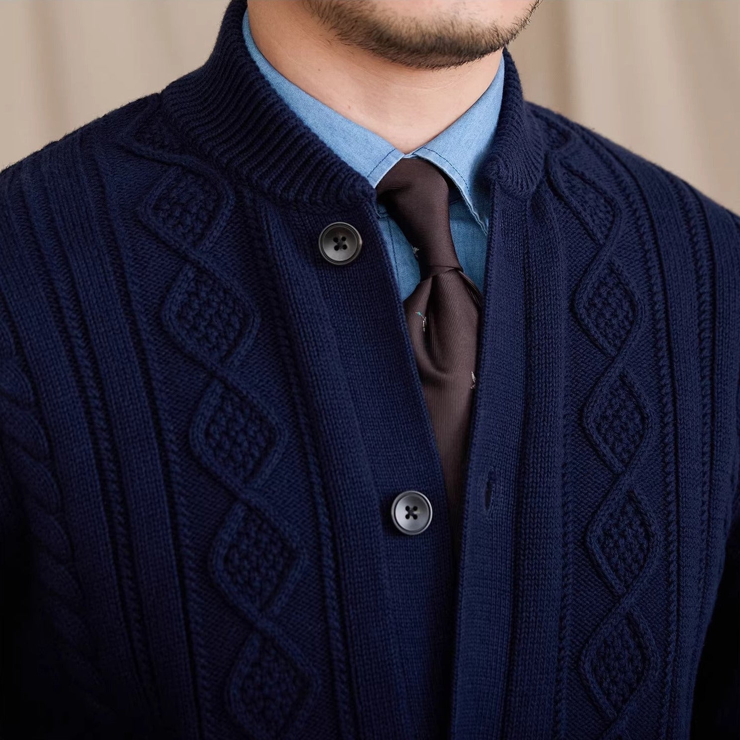 Men's geometric cable knit cardigan with button front