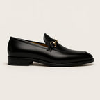 Men's black glossy horsebit loafers with round toe
