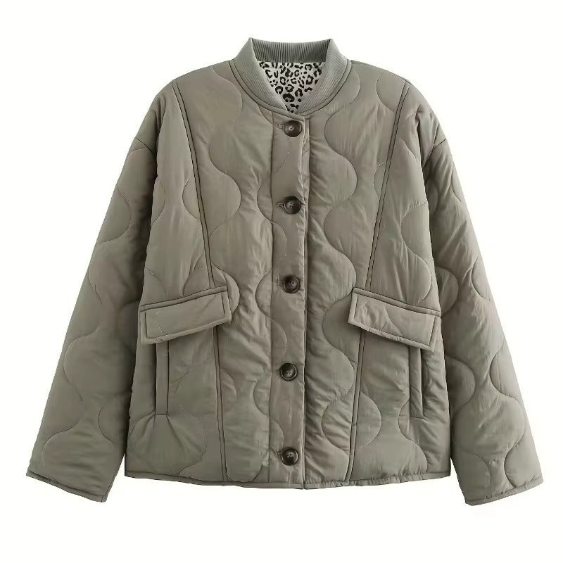 Women's quilted jacket with leopard-print cuffs and button front