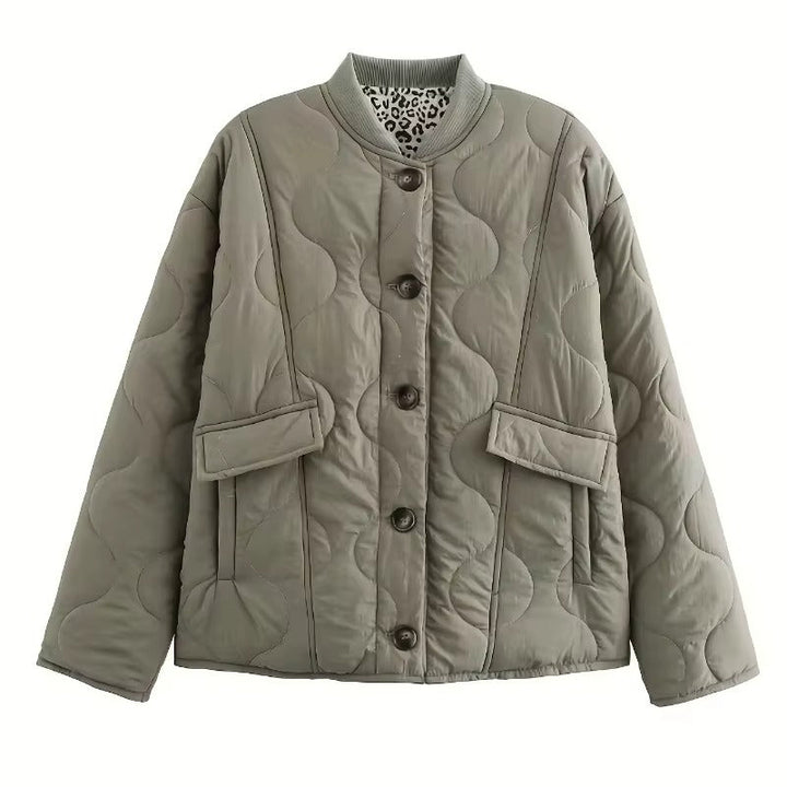 Women's quilted jacket with leopard-print cuffs and button front