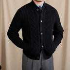 Men's geometric cable knit cardigan with button front