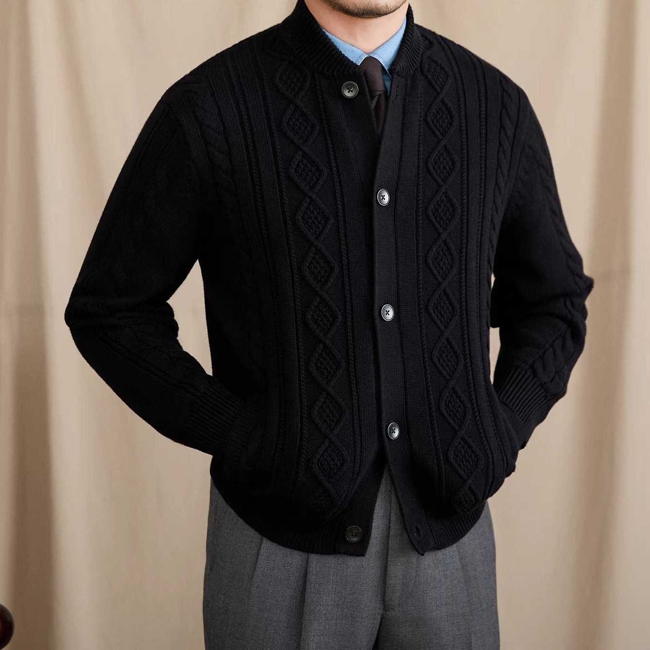 Men's geometric cable knit cardigan with button front