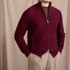 Men's knitted zip cardigan with stand collar, long sleeves and front pockets
