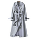 Women's long belted double-breasted trench coat with notched lapels and buckle cuffs