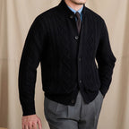 Men's geometric cable knit cardigan with button front