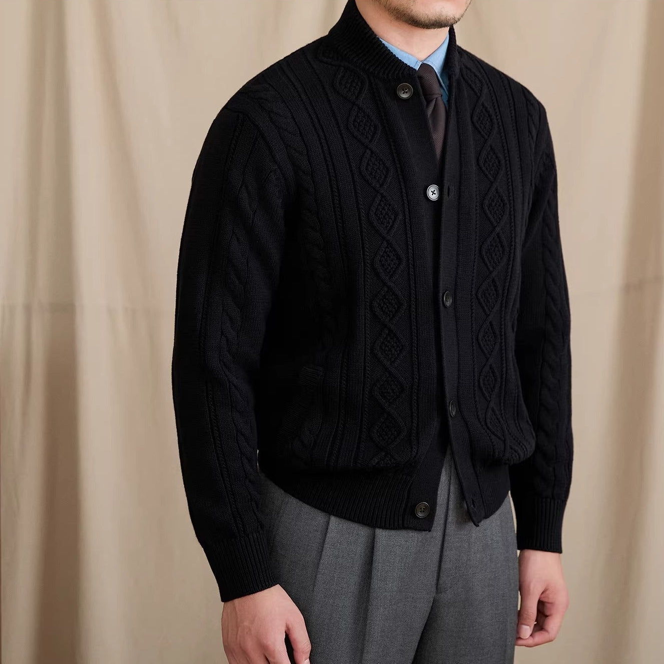 Men's geometric cable knit cardigan with button front