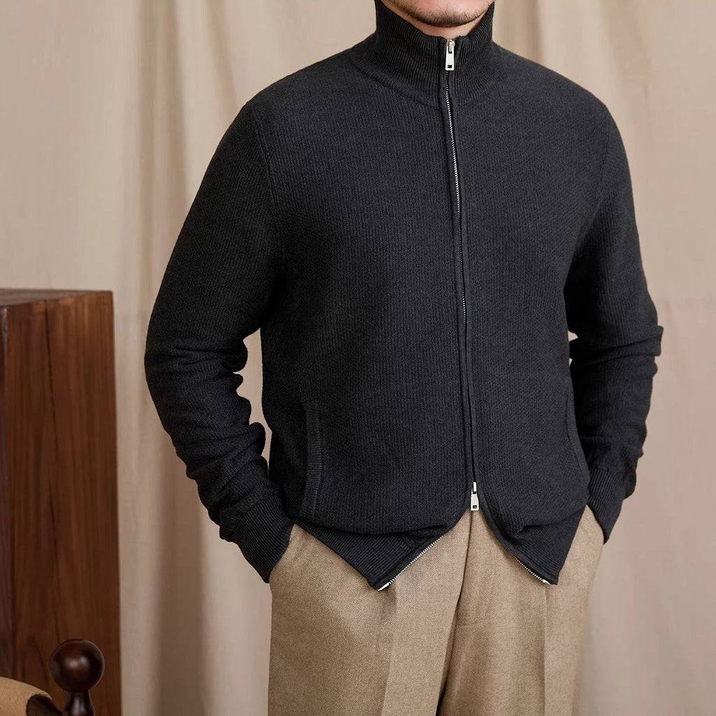 Men's knitted zip cardigan with stand collar, long sleeves and front pockets