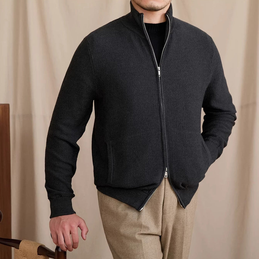 Men's knitted zip cardigan with stand collar, long sleeves and front pockets