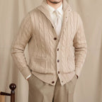 Men's cable knit cardigan with shawl collar and button front