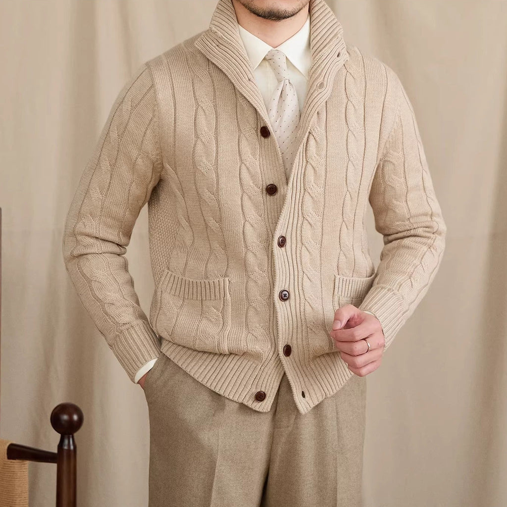 Men's cable knit cardigan with shawl collar and button front