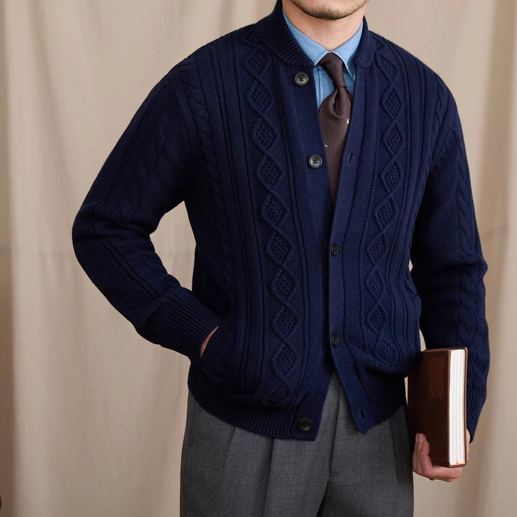 Men's geometric cable knit cardigan with button front