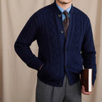 Men's geometric cable knit cardigan with button front
