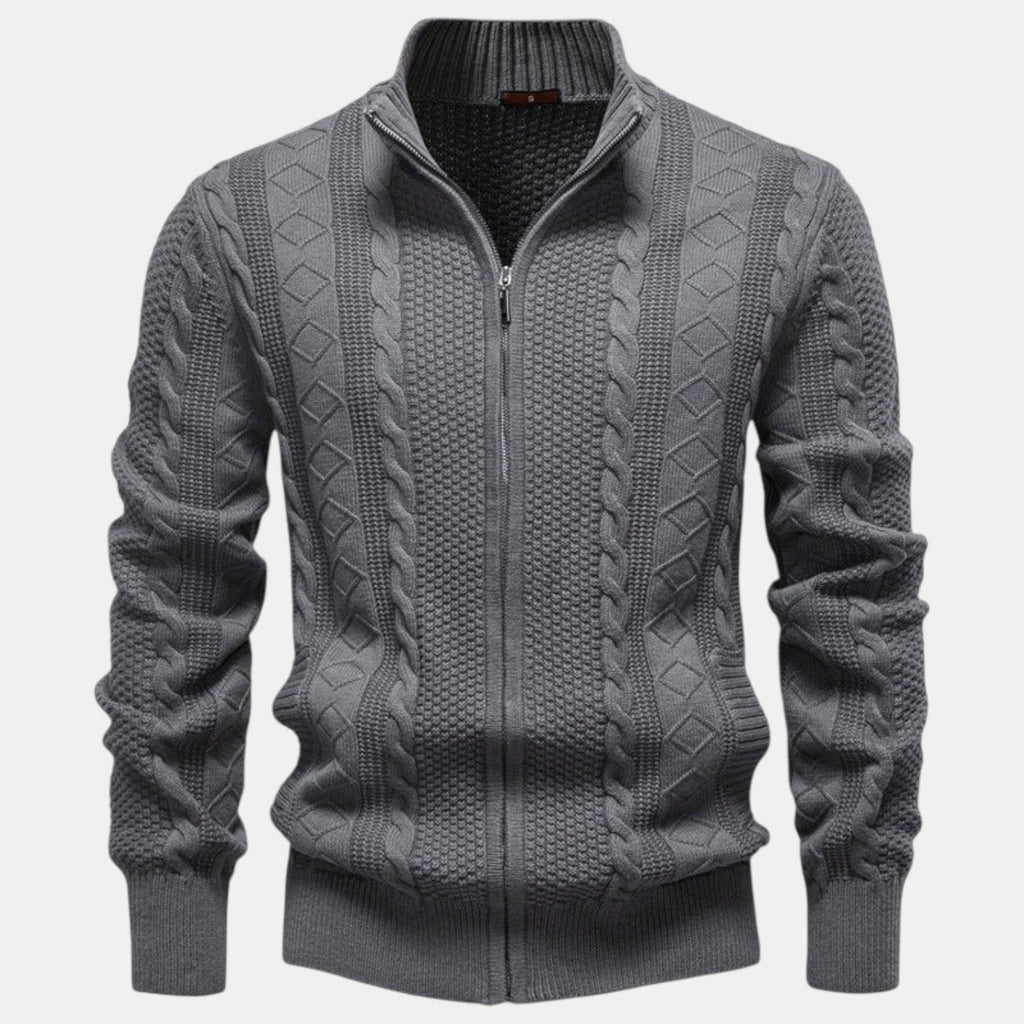 Men's cable-knit full-zip jumper with mock neck and ribbed trims