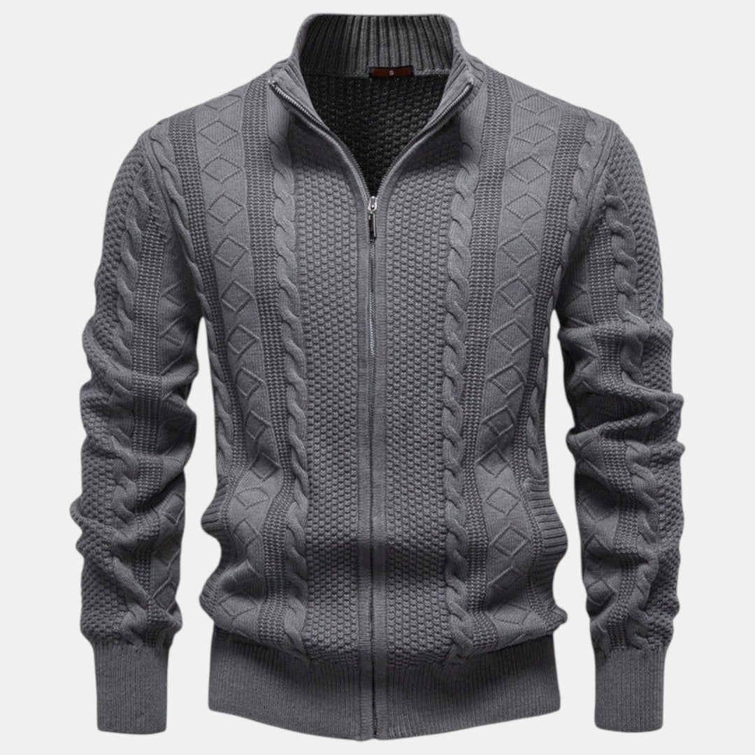 Men's cable-knit full-zip jumper with mock neck and ribbed trims