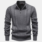Men's cable-knit full-zip jumper with mock neck and ribbed trims