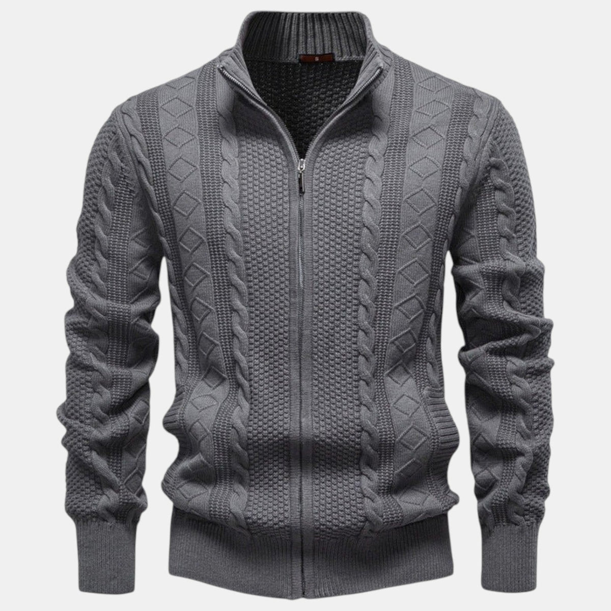 Men's cable-knit full-zip jumper with mock neck and ribbed trims