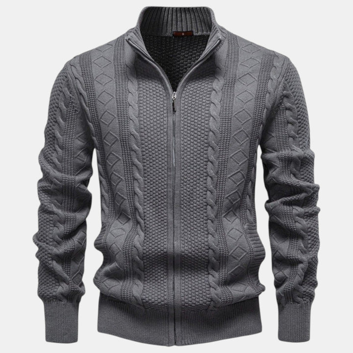 Men's cable-knit full-zip jumper with mock neck and ribbed trims