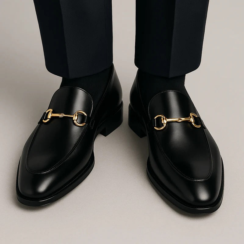 Men's black glossy horsebit loafers with round toe