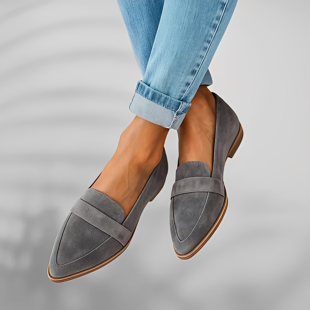 Women's pointed toe loafers with vamp strap and low heel