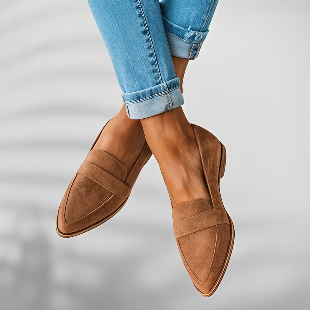Women's pointed toe loafers with vamp strap and low heel